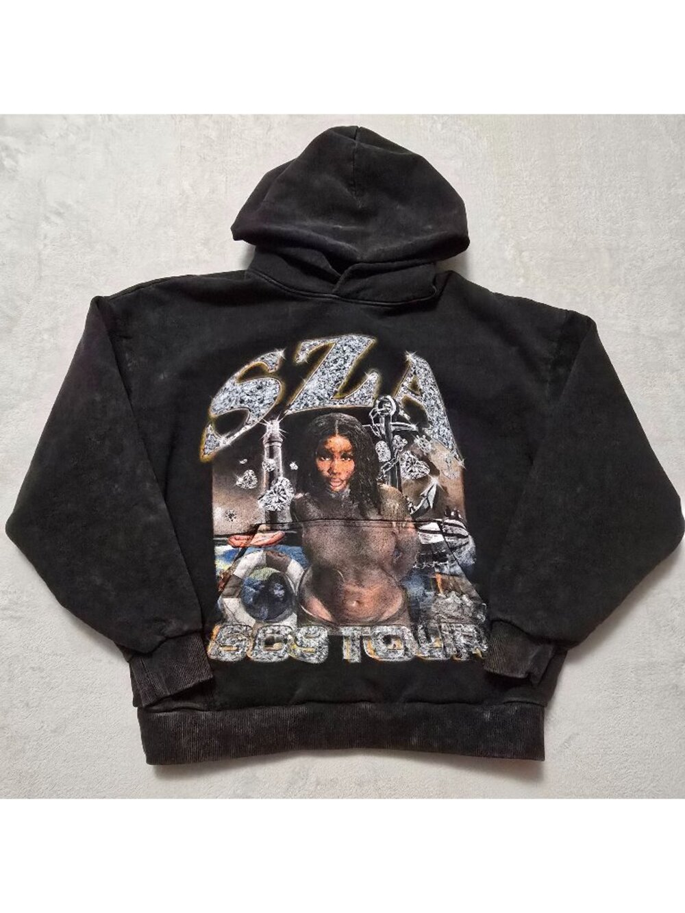 SZA Black Vintage Washed SOS Oversized Heavyweight Tour Merch Hoodie Medium